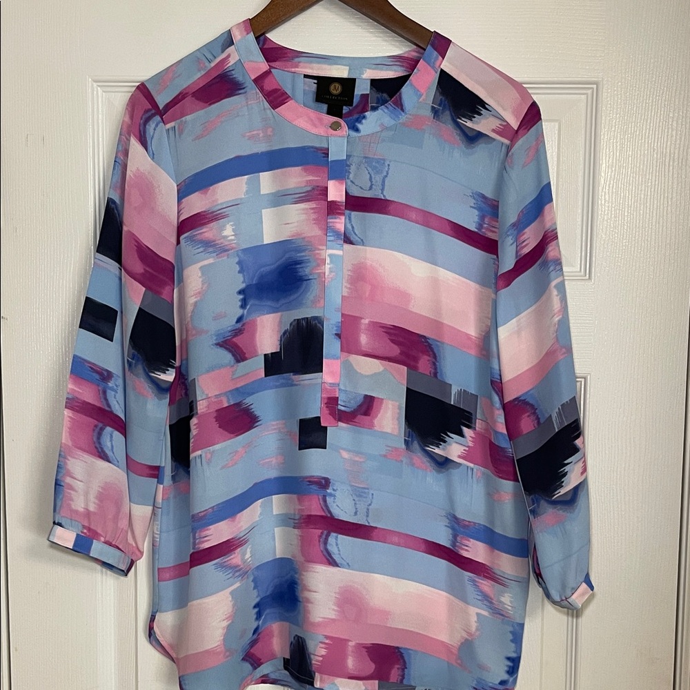 JM Collection Blue and Pink Abstract Blouse Size L